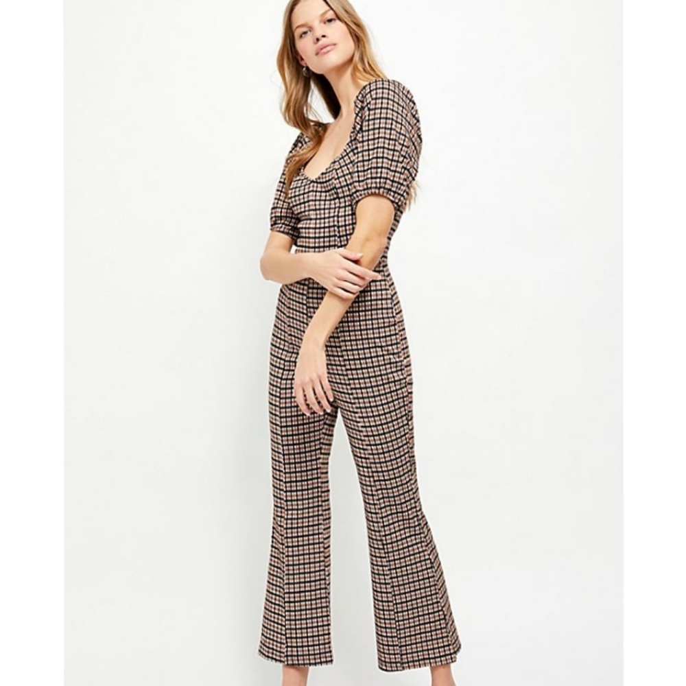 Free People Black and Brown Checkered Wide Leg Jumpsuit